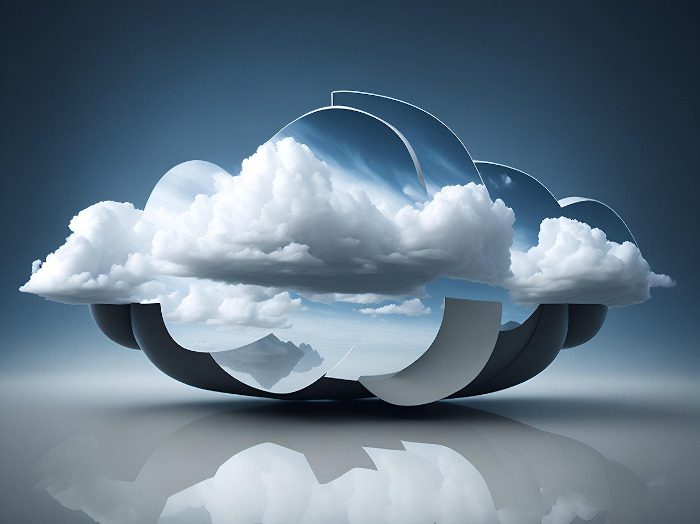 3D digital cloud with sky and clouds inside, symbolizing cloud computing.