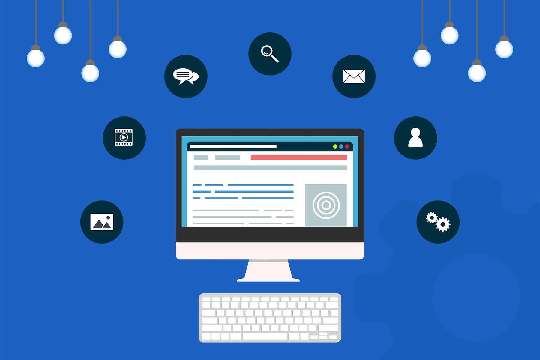 Illustration of a computer screen displaying a webpage, surrounded by icons representing media, chat, search, email, user, image, and settings, on a blue background with hanging light bulbs above.